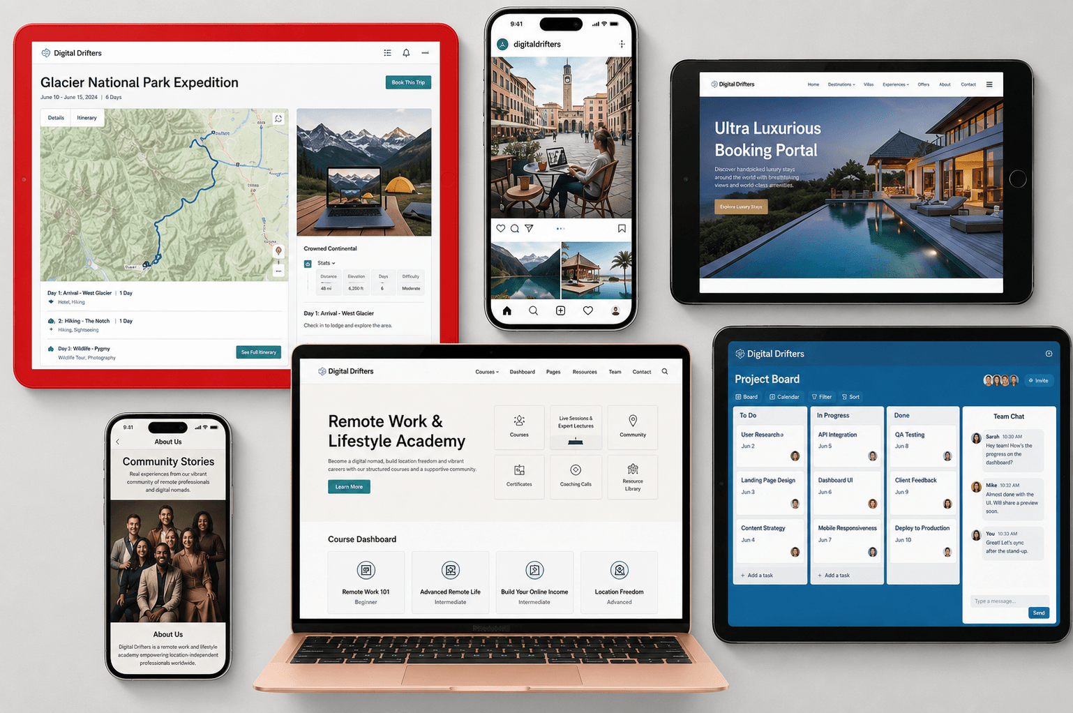 Example website, web app and mobile app designs shown on laptop, tablet and phone screens